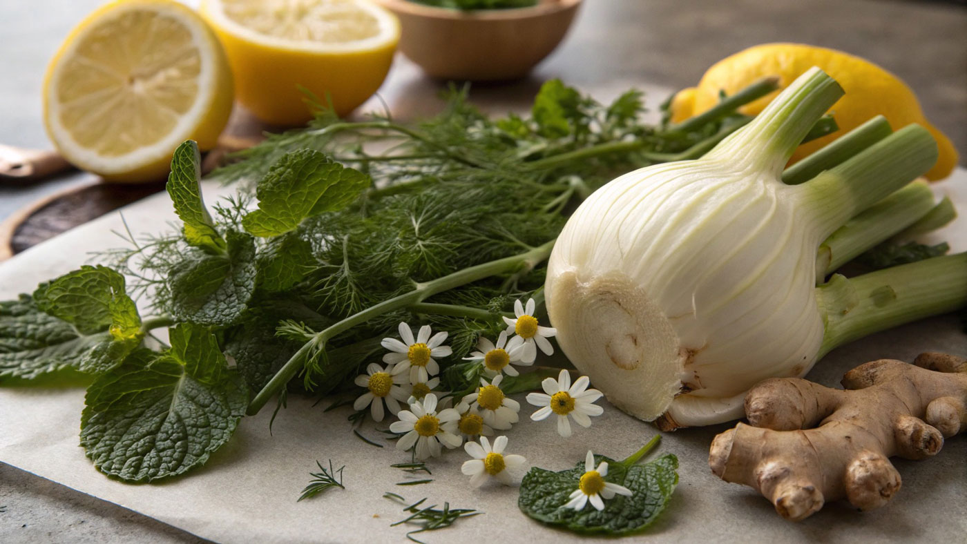 alcuni rimedi naturali per la pancia gonfia: finocchio, melissa, camomilla, zenzero