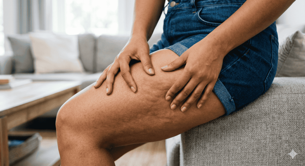 una donna mostra gli effetti della ritenzione idrica sul suo corpo